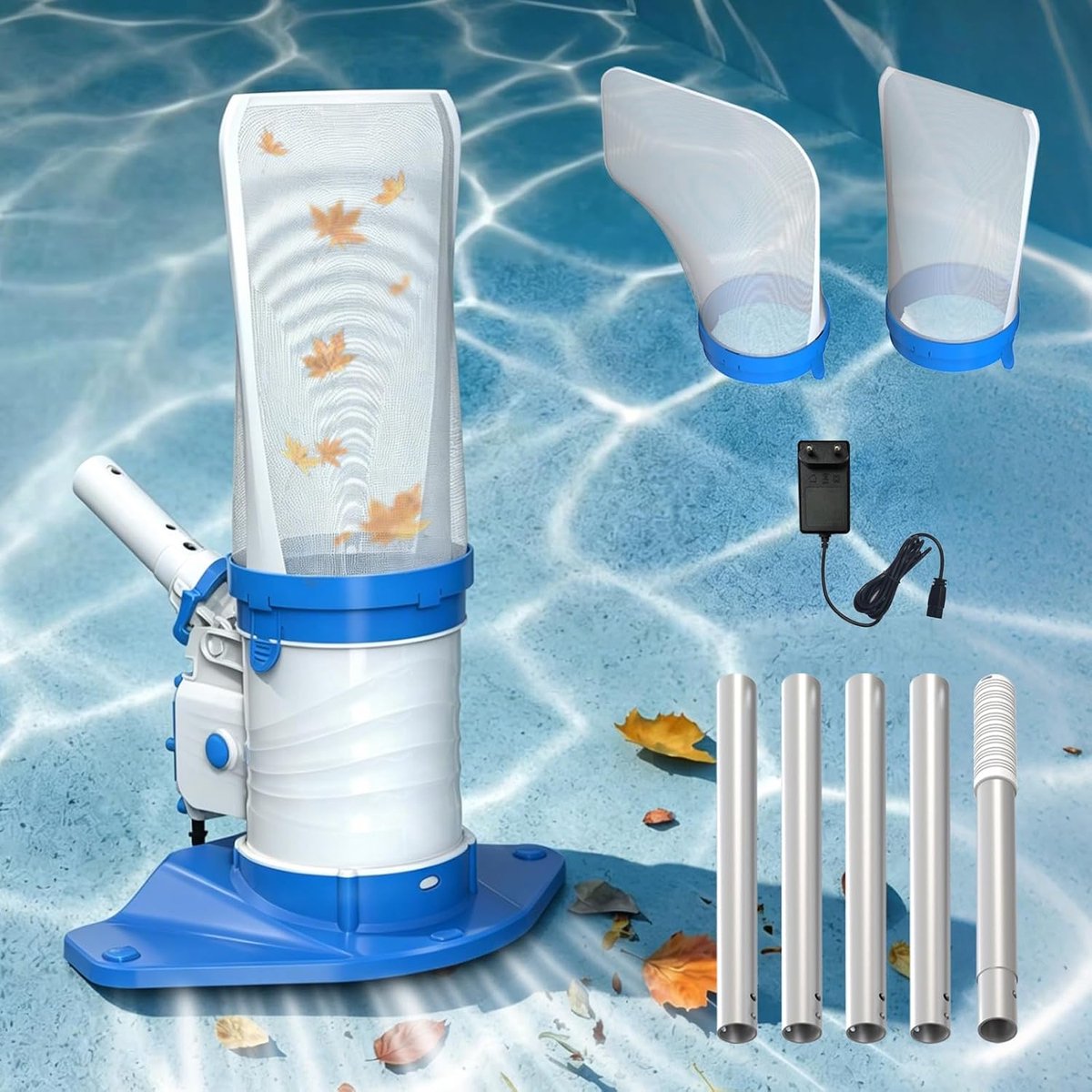 Pool Blad Stofzuiger met 5-Section Pole, Draadloze Pool Skimmer voor Inground & Above Ground Pools, Standaard en fijne filterzakken voor grotere bladeren en puin, Blauw + Wit