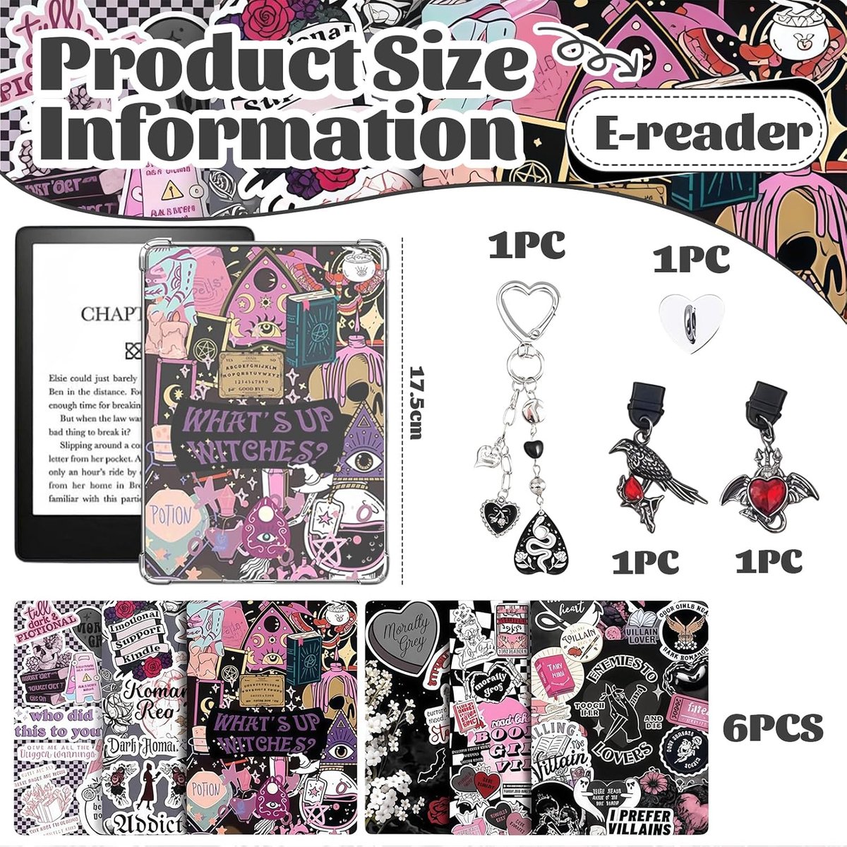 6 Stuks Vervangstukken Voor E-Reader Doorzichtige Behuizing En 2 Stuks Type C Bedeltjes Mobiele Telefoon Accessoire Set, 17 Cm X 12 Cm Donkere Romantiek Thema E-