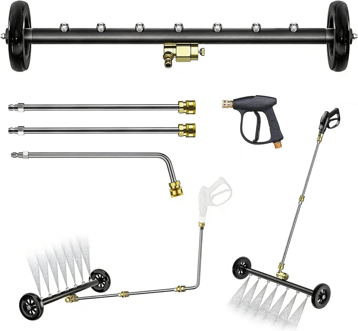Auto, hogedrukreiniger voor chassisreiniger, 1/4 inch snelkoppelingsverlenging, totale lengte 60 cm, 2-in-1 voertuigondervloerreiniger, met 3 verlengstangen