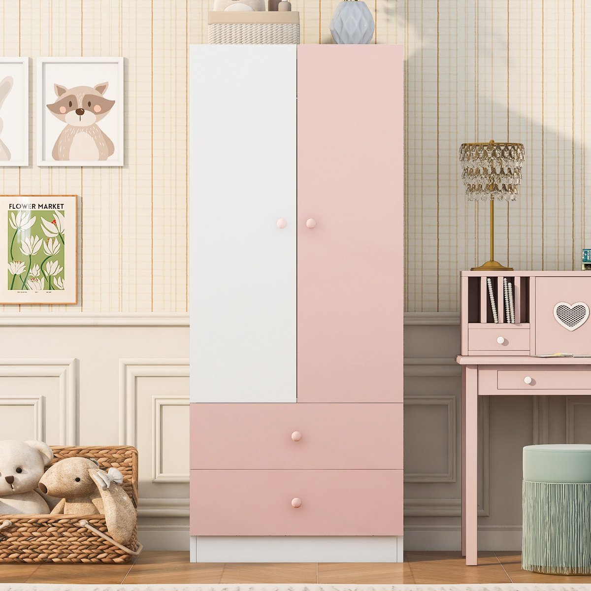 VVBV Kledingkast 70x40x170 cm – Opbergruimte en Lades – Modern Design – Voor Slaapkamer – Hout – Roze