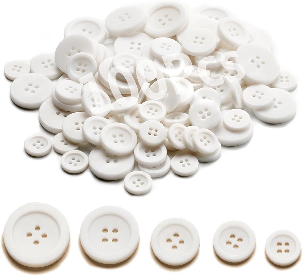 Knopen voor gebreide jas, 5 maten à 100 stuks, kleurrijke knopen voor handwerk, breien, knutselprojecten en feestelijke decoraties (wit)