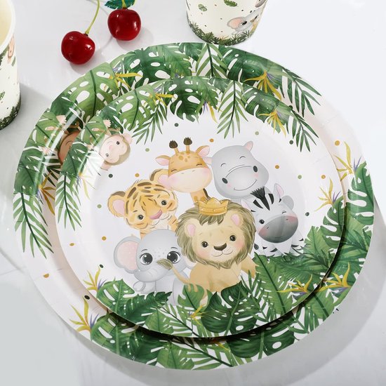Safari Partyserviesset, wegwerpserviesset voor jongens, 100 stuks papieren borden, bekers, servetten, rietjes voor Wild One, kinderverjaardag, decoratie, babyshower — afbeelding 4