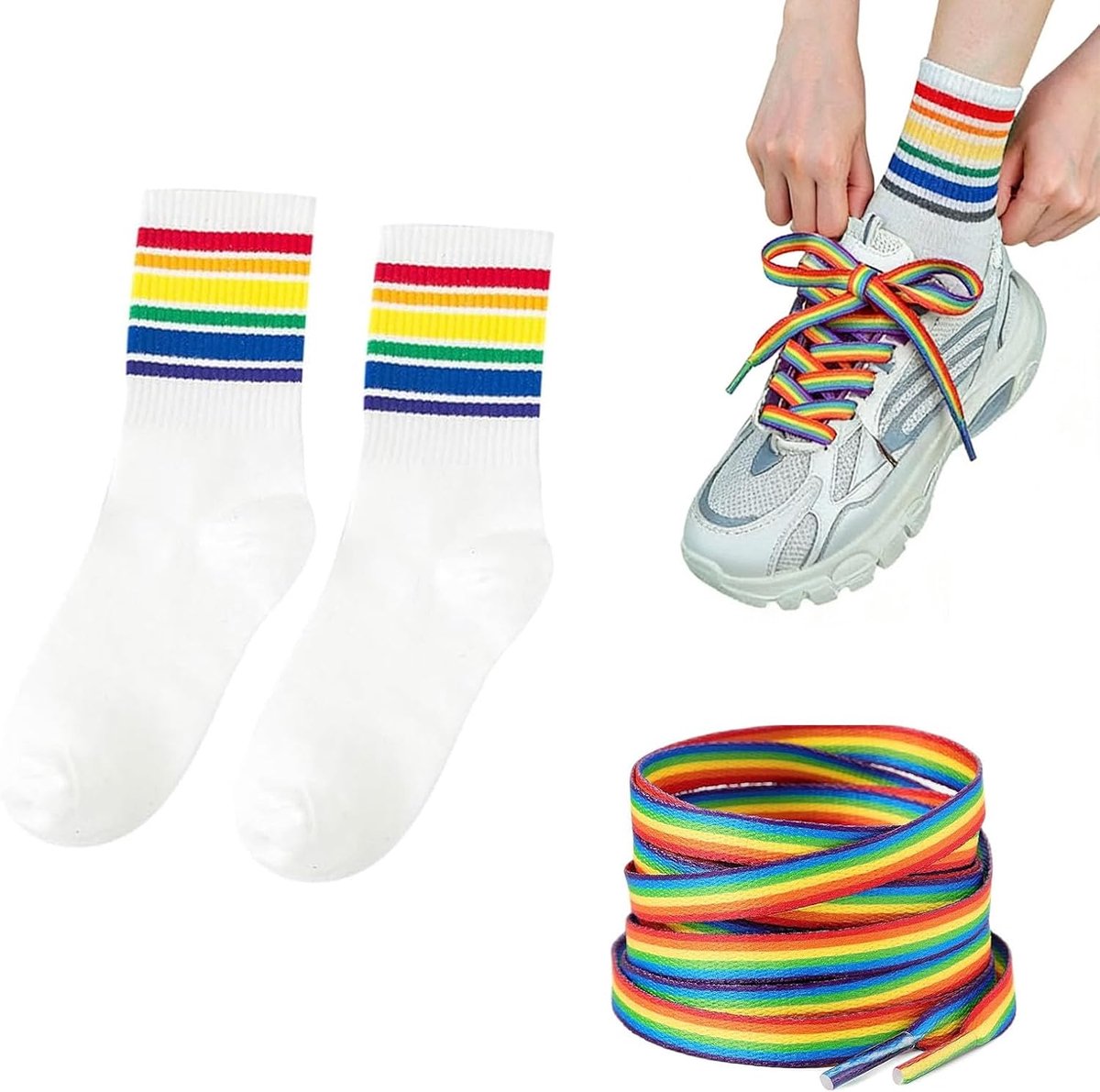 Schoenveters 2 paar + 1 paar sokken lgbtq accessoires 140cm lang plat dik design kleurrijk voor pride parade festival gebruik