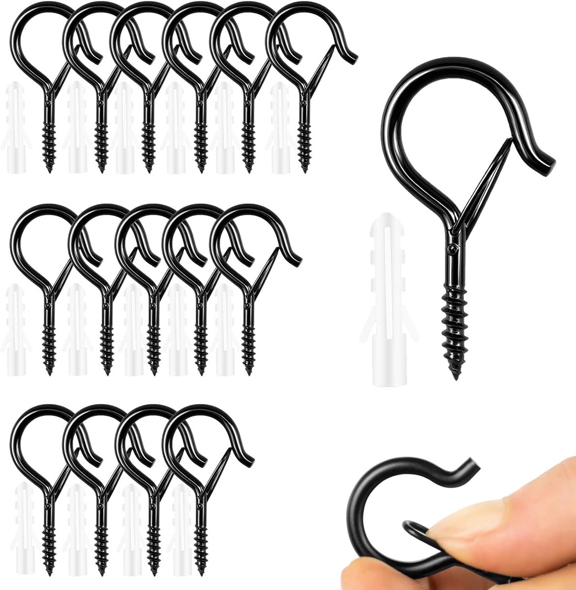 Haken, Q-hanger wandplafondhaken, veiligheidsgesp ontwerp, voor buiten kerstslinger, vogelkooi, feeders, planten, sleutels, kopjes, windgong zwart