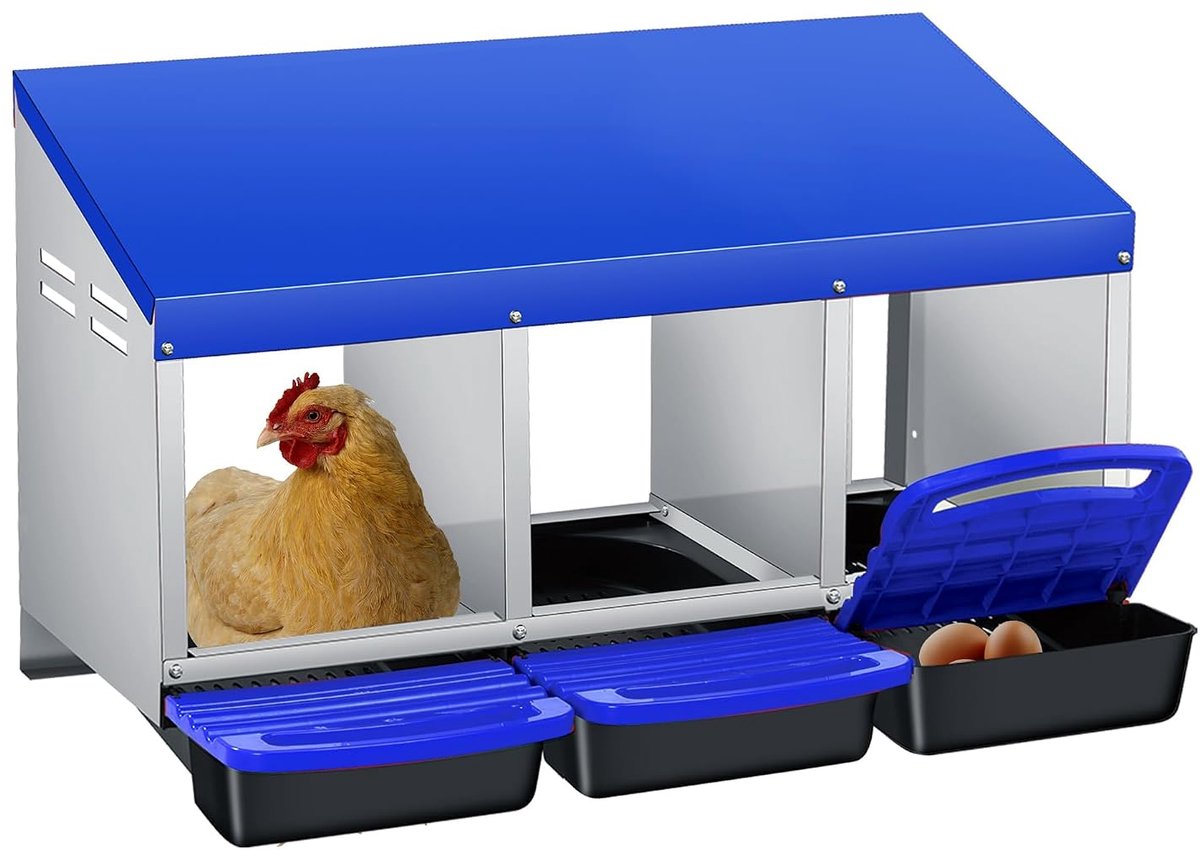 Kippennest met automatische eierverzameling, geventileerde metalen doos met 3 vakken, eenvoudige montage aan muur of vloer, ideaal voor professioneel kippenhok, blauw