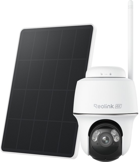 Witte Reolink 4K camera met zonnepaneel. Camera met antwoord en lens, zonnepaneel met donkere cellen.