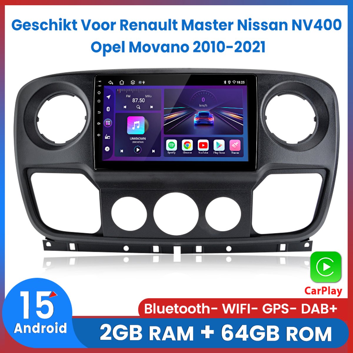 Awesafe Autoradio - Geschikt Voor Renault Master / Nissan NV400 / Opel Movano 2010-2021 - Android15.0 Systeem - Draadloos CarPlay & Android Auto - Bluetooth & WiFi - GPS Navigatie - Ram 2GB +Rom 64GB