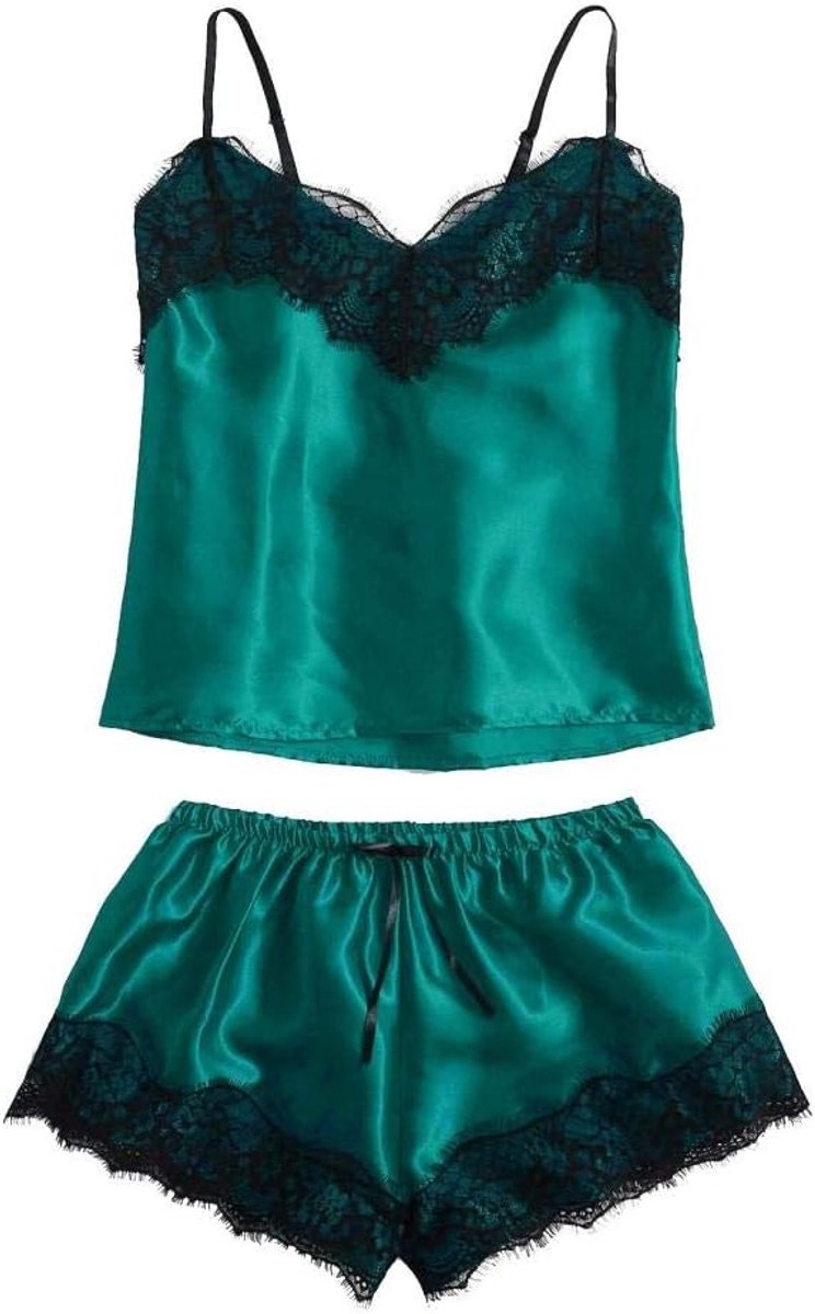 Lingerie Dameslingerie Sexy set kanten Kimono nachtkledingPyjama Dames Sexy Kanten Lingerie Zijden Nachtkleding Dame Pyjama Set Satijnen Pyjama Kostuum-Green_XXL
