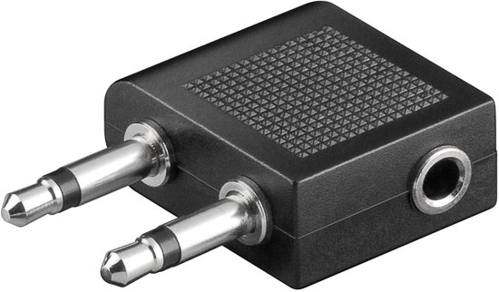 Zwarte vliegtuigadapter met 2 metalen 3,5mm jack pluggen en een enkele 3,5mm jack ingang.