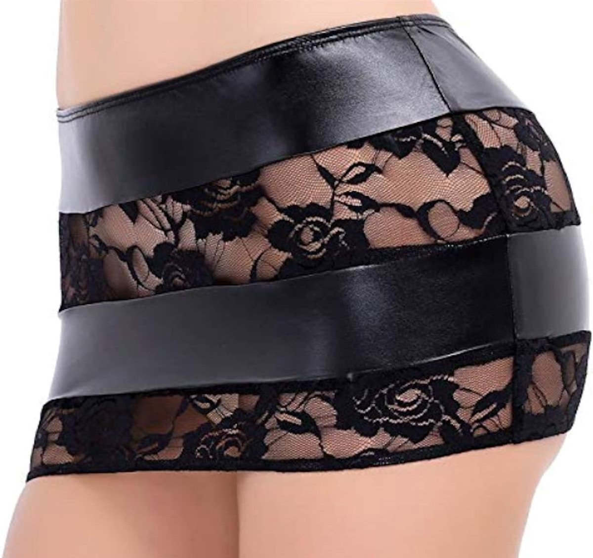 Minirok stretch kort wetlook met kant QZ-15 (S)