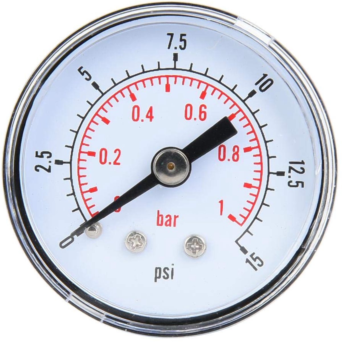 Manometer, 1/8 inch BSPT axiaalmanometer voor lucht, olie en water (0-15 psi, 0-1 bar)