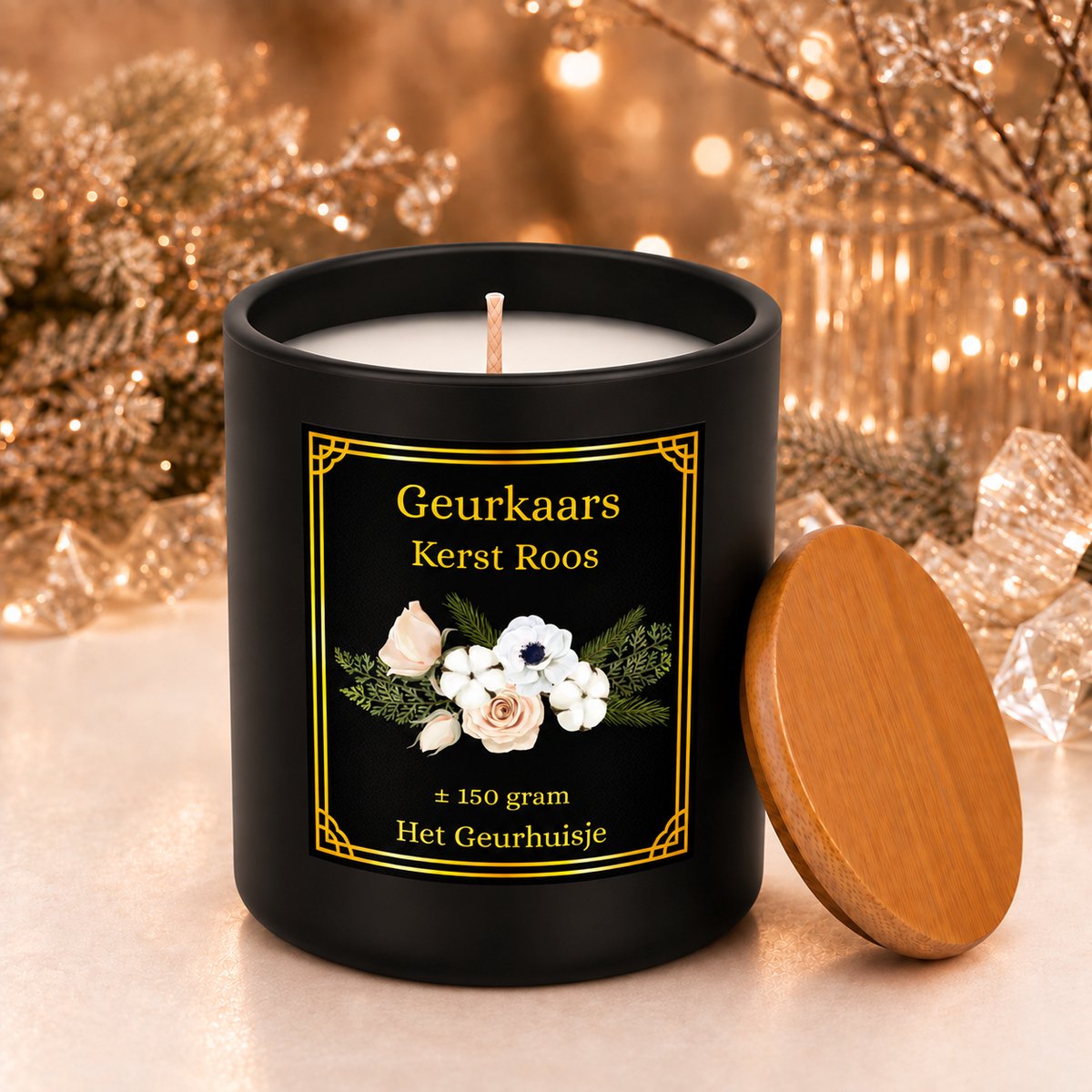 Luxe Kerst Roos Geurkaars – ± 150 gram – Feestelijke Wintergeur – Glazen Pot met Bamboe Deksel - Dierproefvrij - Handgemaakt