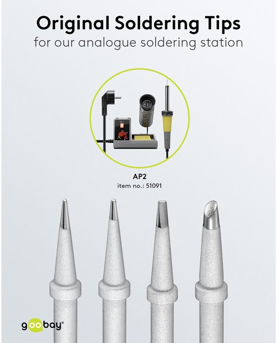 Originele soldeerpunten voor soldeerstation AP2, zilverkleurig, met afbeelding van het soldeerstation.