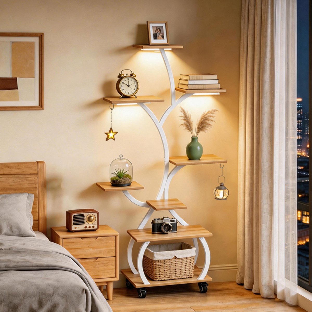 LEADZM-Plantenrek met 8 Niveaus - Plantentrap - 122 cm Hoog - Industrieel Design - Metaal & Hout - Woonkamer & Balkon - Wit
