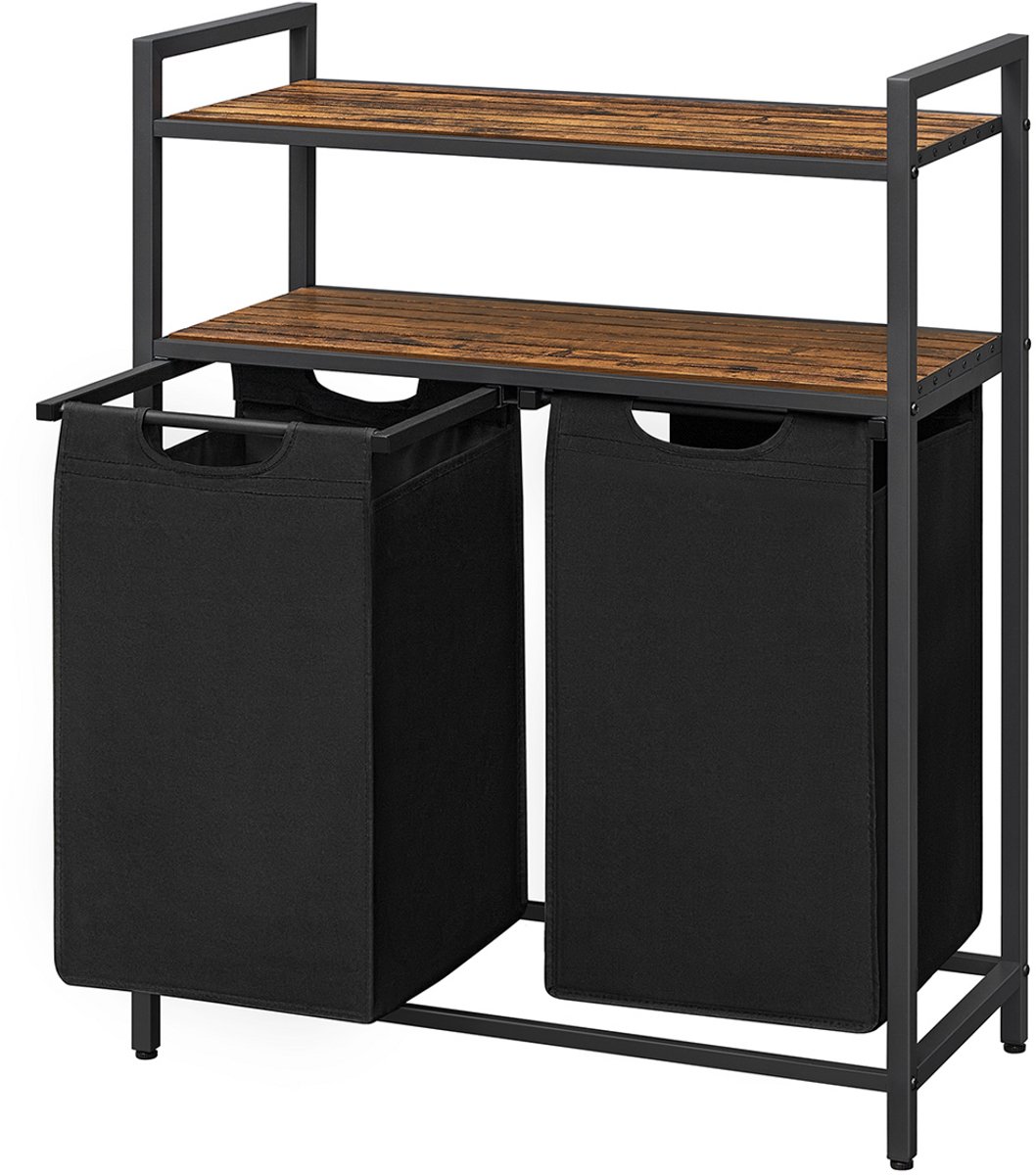 Wasmand 73 x 33 x 91 cm, Wasgoed Sorteerder met 2 Compartimenten, 2 x 46 Liter, Wasmand met 2 Uittrekbare en Uitneembare Waszakken, Dubbele Opbergrek, Wasverzamelaar, Klittenbandsluiting, Verstelbare Poten, Kantelbeveiliging, Bruin en Zwart