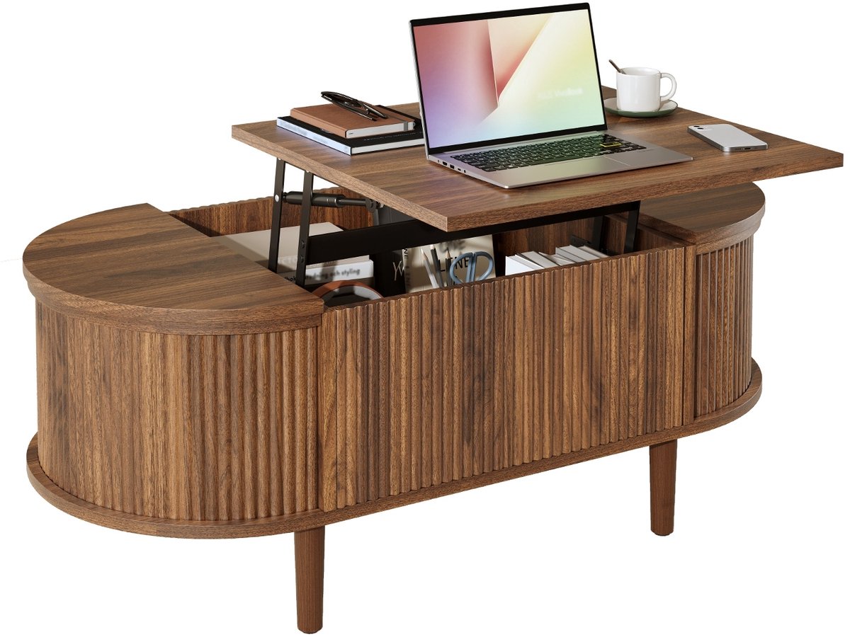 Ropilly Ovale salontafel in hoogte verstelbaar - Met opbergruimte - Vintage stijl walnoot - Woonkamer - 100x48 cm