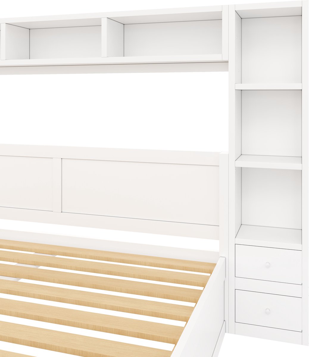 MODENUIT Bedframe Met Opbergruimte – 140 x 200 Cm – MDF En Multiplex – Wit – 7 Lades Met Ledverlichting En Hoofdbord