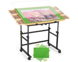 FUNTOK Table de puzzle 1500 pièces avec rotation à 360°, hauteur réglable 74-94 cm, angle inclinable 0-56°, plateau de puzzle en bois 84 x 60 cm avec 2 tiroirs et 8 compartiments de tri, roulettes et housse de protection