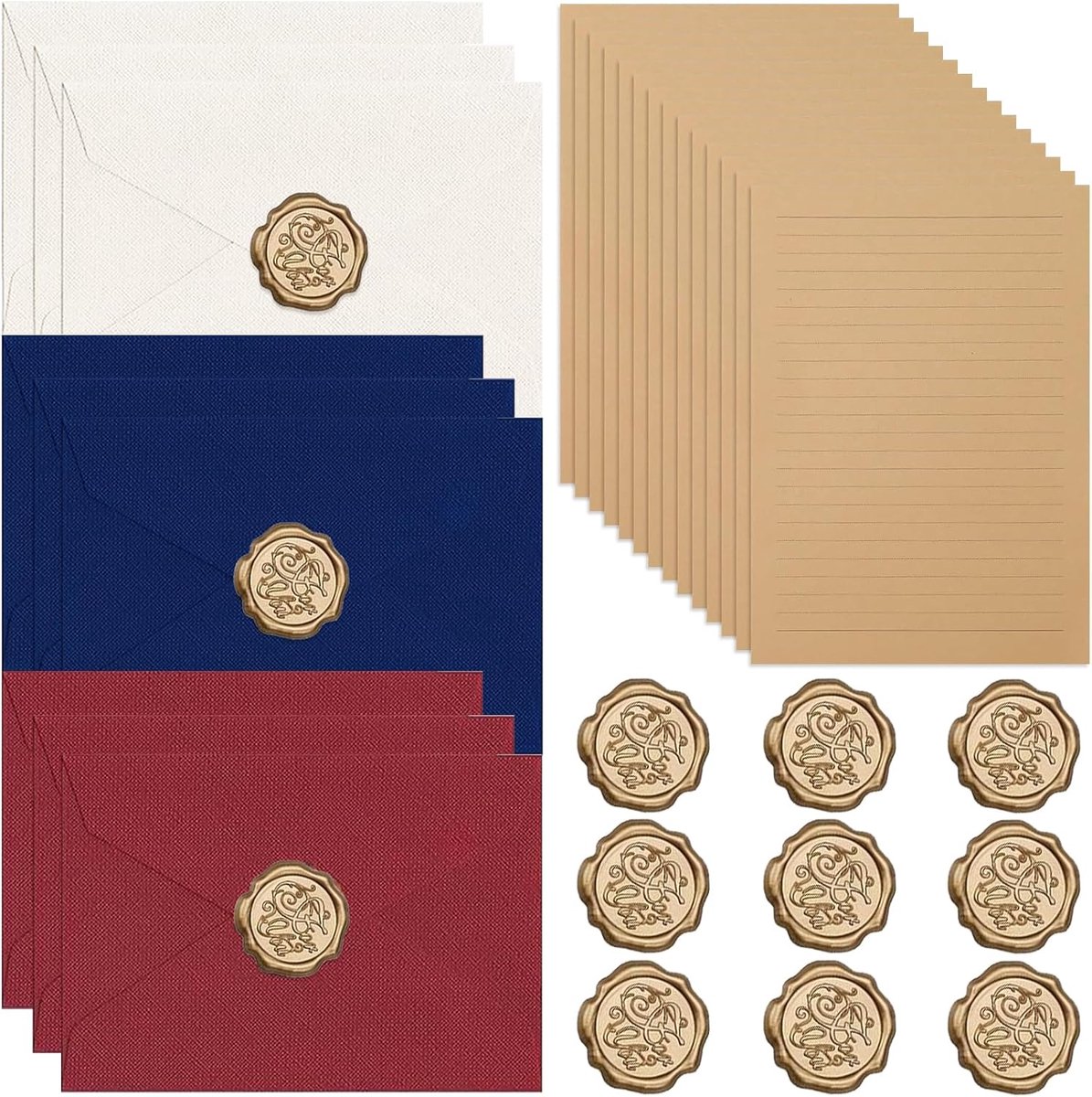 Briefpapier vintage 38 stuks - linnen enveloppen en zegelstempels - kraftpapier set voor uitnodigingen - ShopVlot