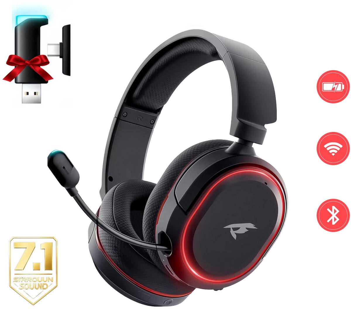 Picun G2 - Draadloze Gaming headset-Draadloze Headset met Microfoon-Over Ear Koptelefoon Draadloos- Bluetooth 5.3-7.1 Surround Sound- Multiplatform vor PC/PS5/PS4/Switch- Zwart rood
