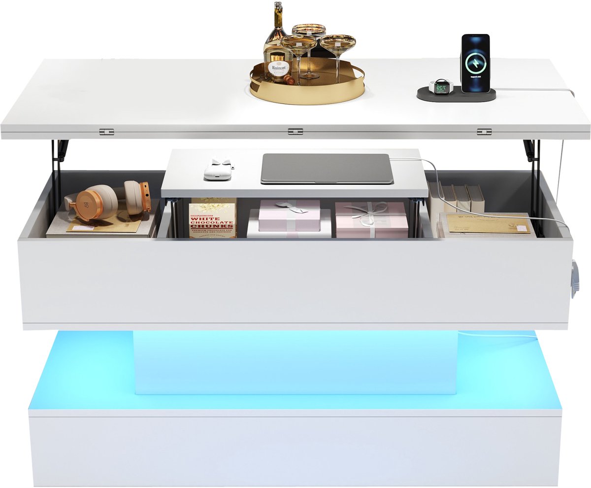 MUVANO Salontafel met stopcontact en usb - In hoogte verstelbare salontafel wit - Multifunctioneel - 100x50x51,5cm - Met LED verlichting - Woonkamer Wit