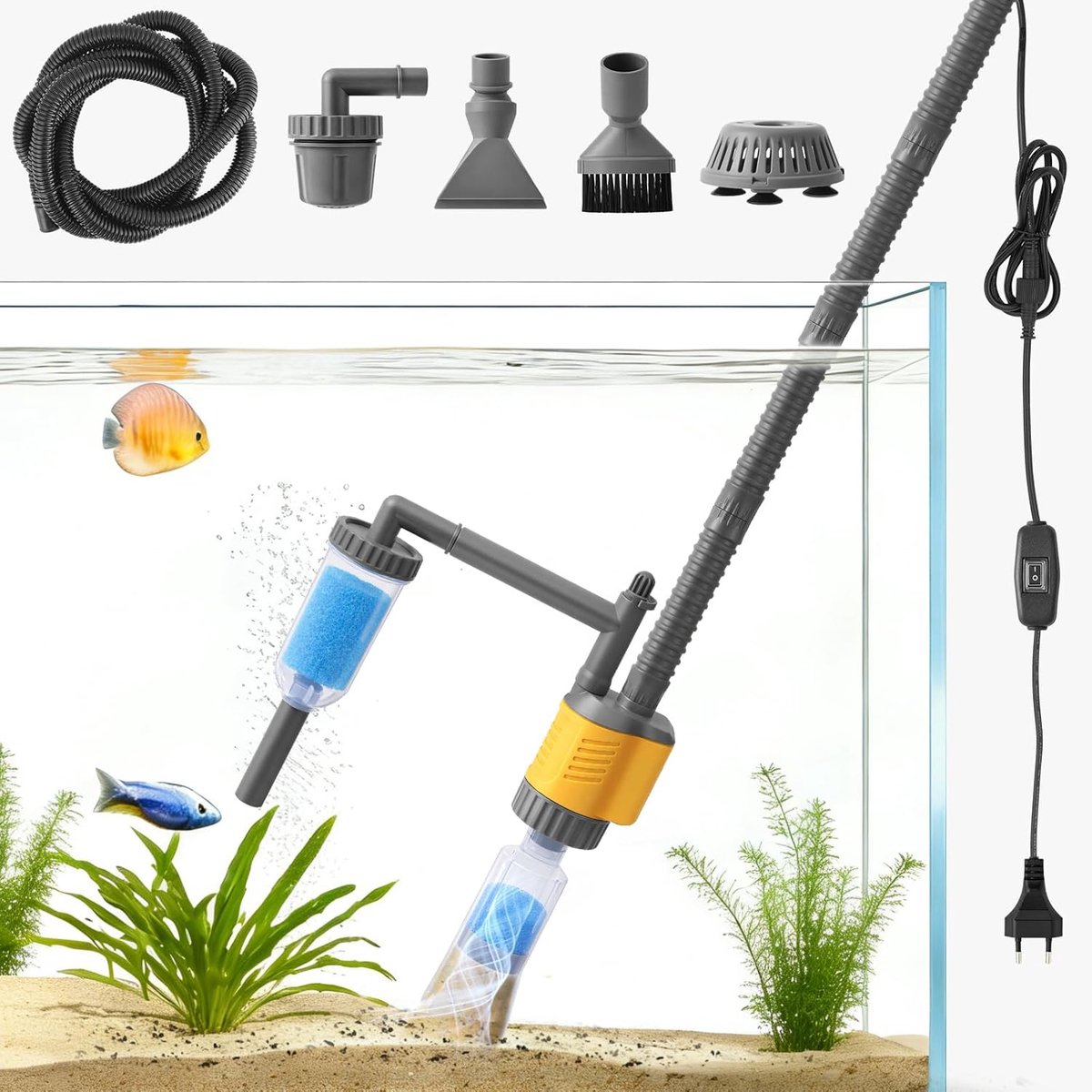 SnelShoppen - 1200LPH Elektrische Aquarium Kiesreiniger 8-in-1, 20W Multifunctionele Aquariumsauger, Sterke Zuigkracht voor Zand, Algen, Waterverversi