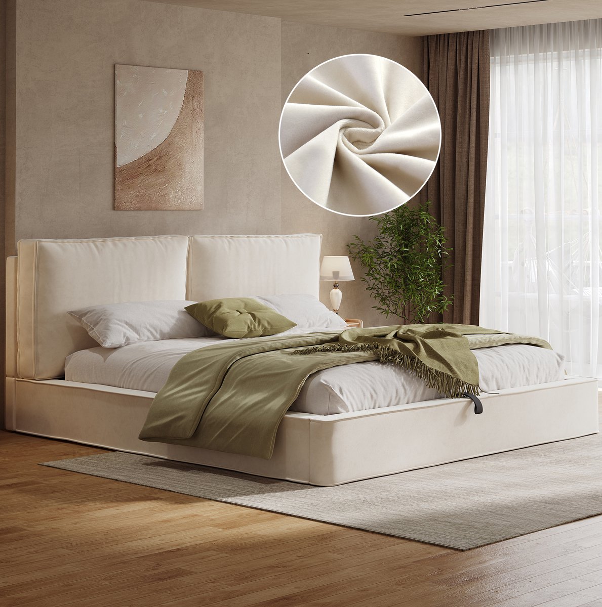 WUVRIE Gestoffeerd opbergbed 180x200 cm met hydraulisch opbergsysteem, lattenbodem en hoofdbord, beige