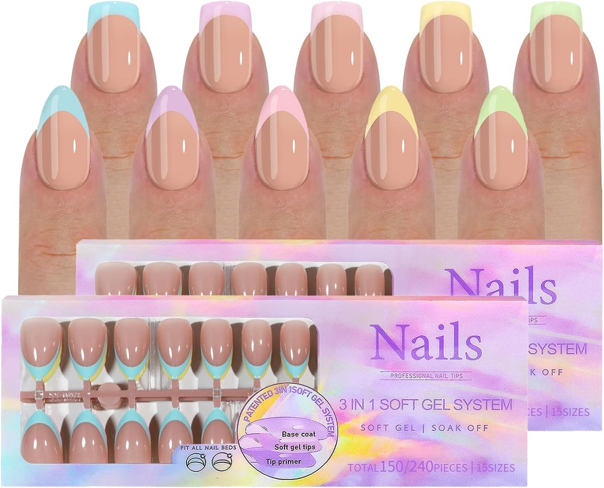 SnelShoppen - 300 Delen Franse Press On Nagels Set - 5 Kleuren, 2 Vormen, 15 Maten - Soft Gel Volledige Dekking Amandel Nagel Tips voor Vrouwen en Mei