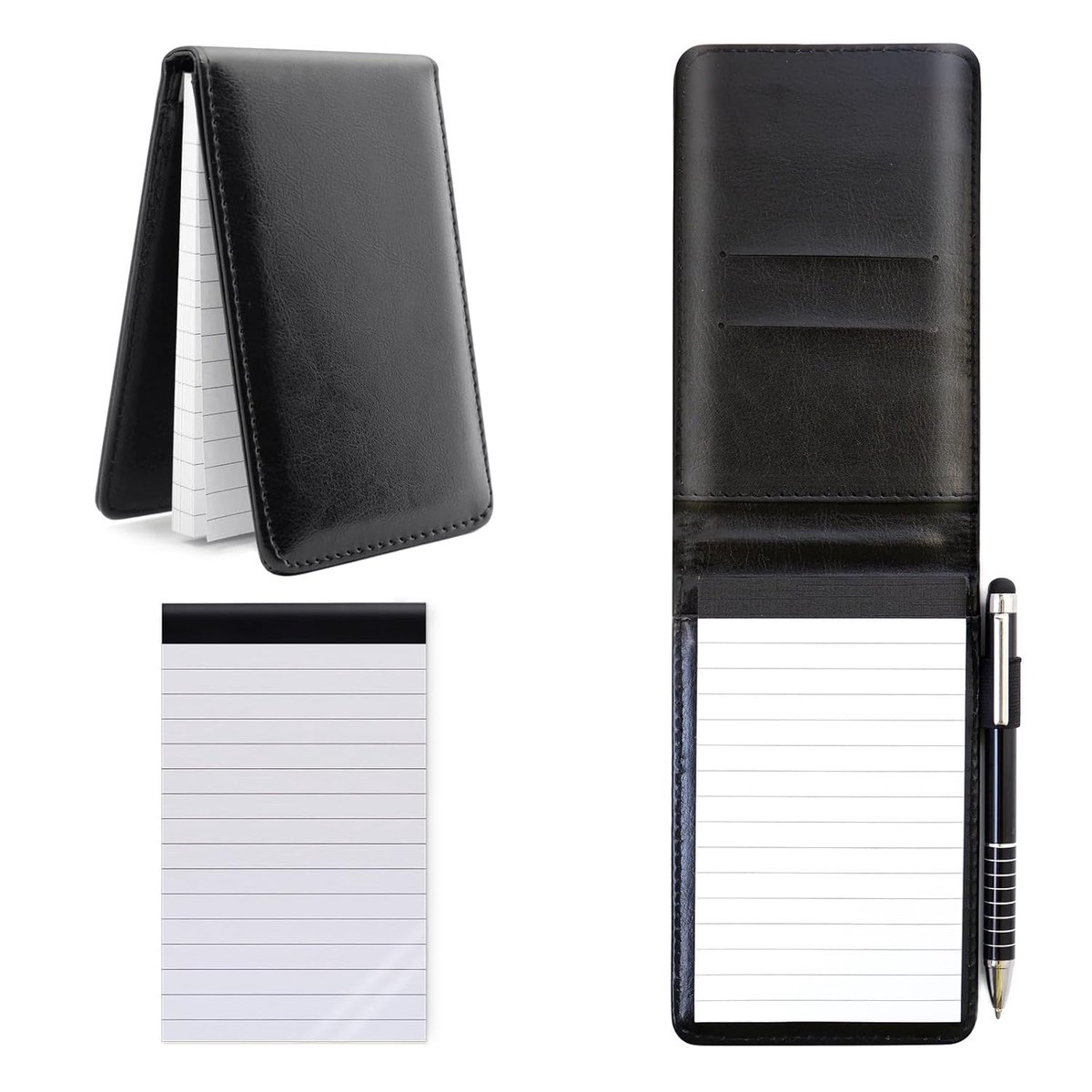 SnelShoppen - A7 PU Leer Notitieboek Klein met Metalen Pen en Vervangnotitieblok voor School, Thuis, Kantoor - Zwart