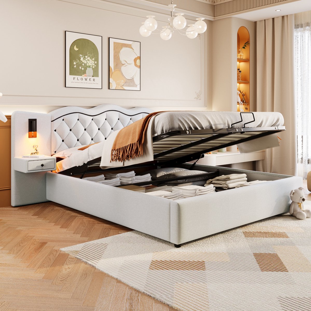 WUVRIE Gestoffeerd opbergbed 180x200 cm met hoofdbord, verlichting, USB en hydraulische lift, beige