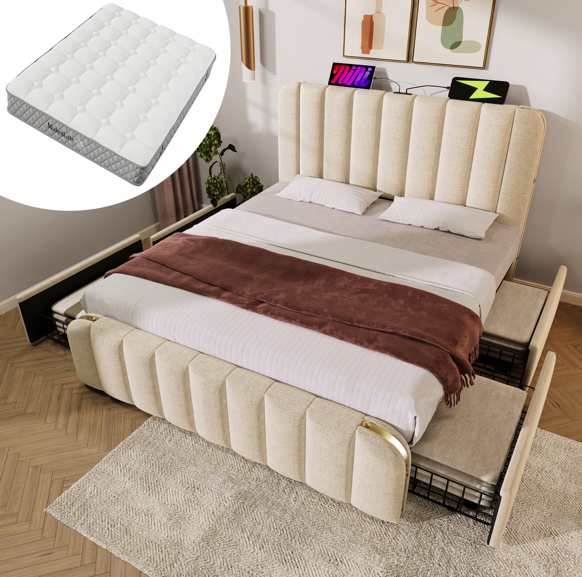 WUVRIE Tweepersoonsbed 140x200 cm met 4 lades, USB-C en gestoffeerd hoofdbord, beige