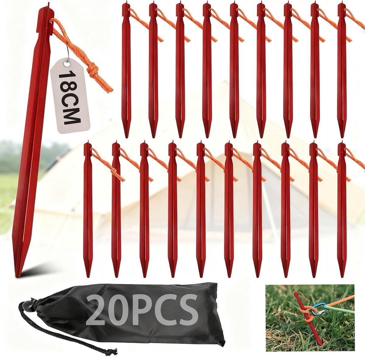SnelShoppen - Tent Pegs 18 cm met Touw, Tent Spijkers, Lichtgewicht en Draagbaar, Rood, Pack van 20, Ideaal voor Kamperen, Hiking, Strand, Weerbestend