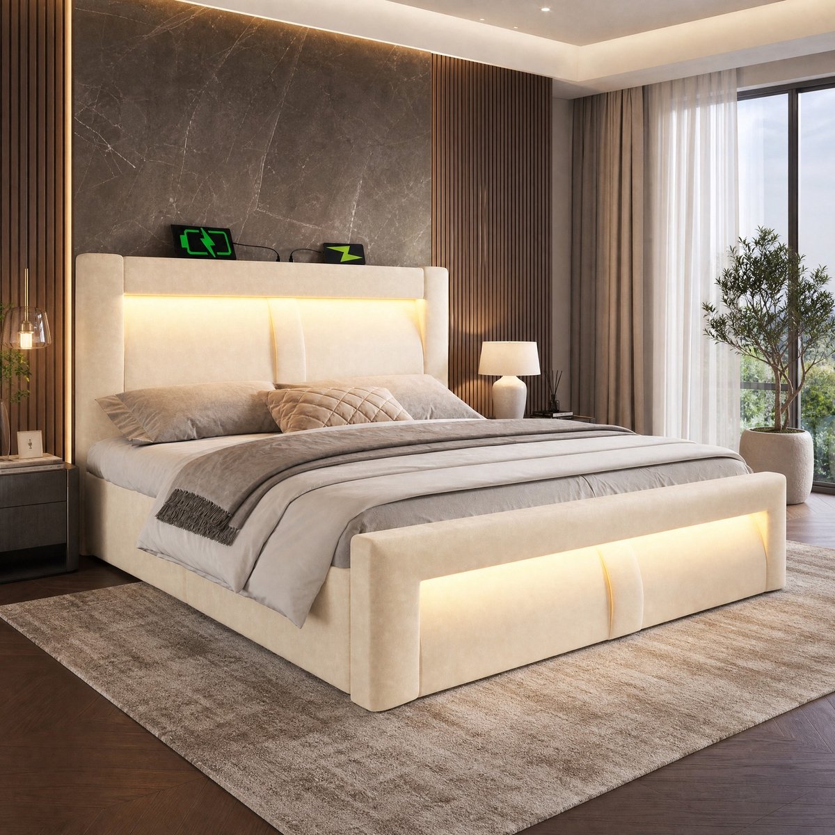 WUVRIE Tweepersoonsbed 180x200 cm met hydraulische opbergruimte, LED, USB en USB-C, fluweel, beige