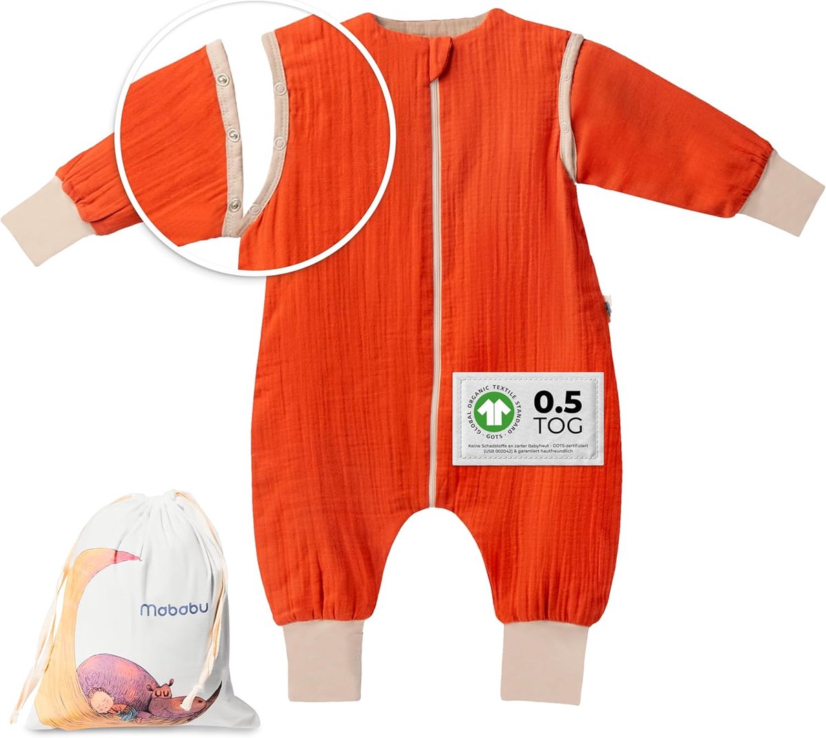 SnelShoppen - Babyslaapzak met Voeten en Afneembare Mouwen, Zomerslaapzak Kinderen 0,5 TOG, 100% GOTS Mousseline Biologisch Katoen, Comfortabele Slaap