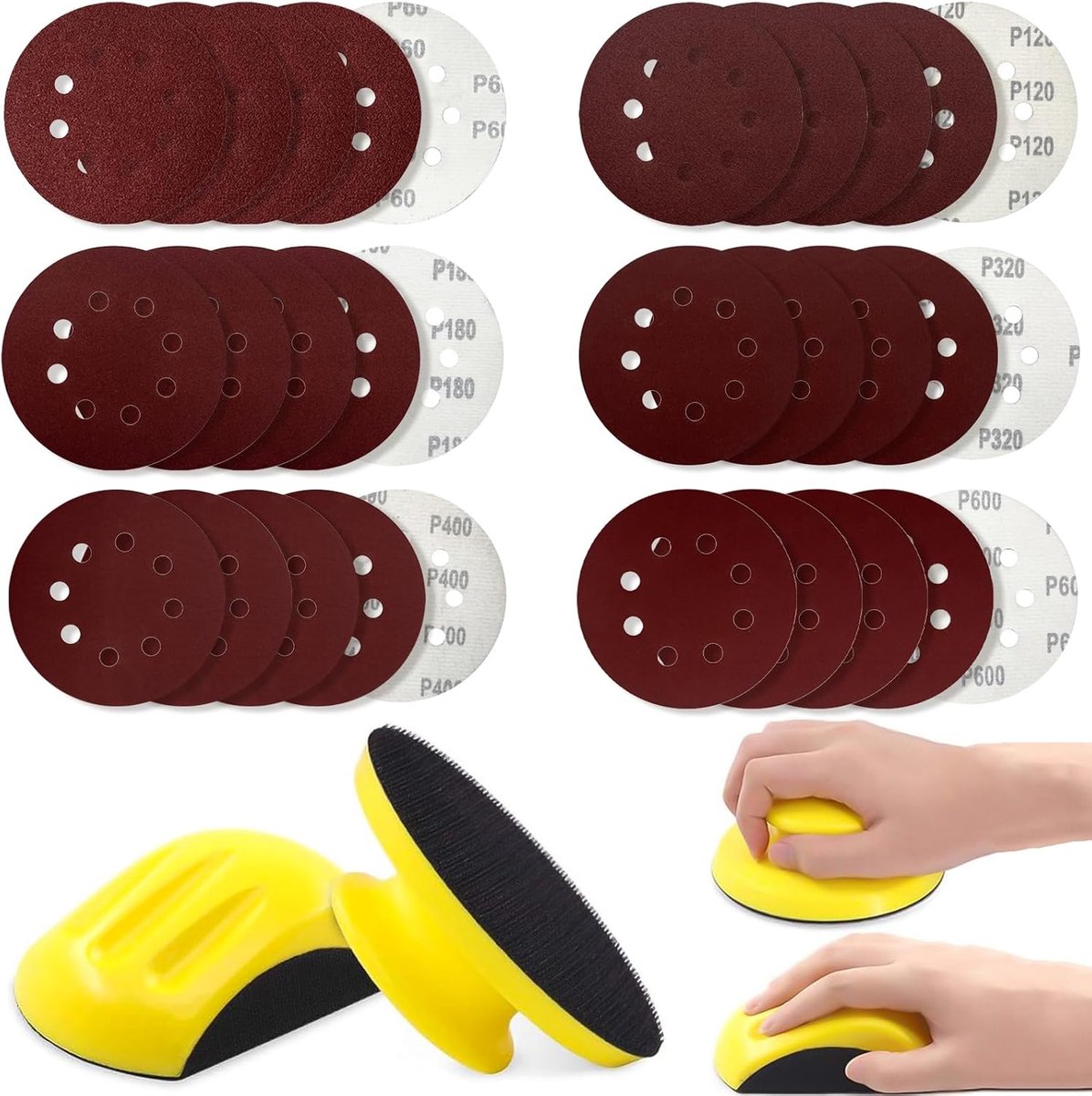 SnelShoppen - Hand Schuurblok 125 mm met 30 Schuurvellen Grit 60/120/180/320/400/600 - Perfect voor DIY, Meubelrestauratie, Hoogwaardige PU Foam, Comf