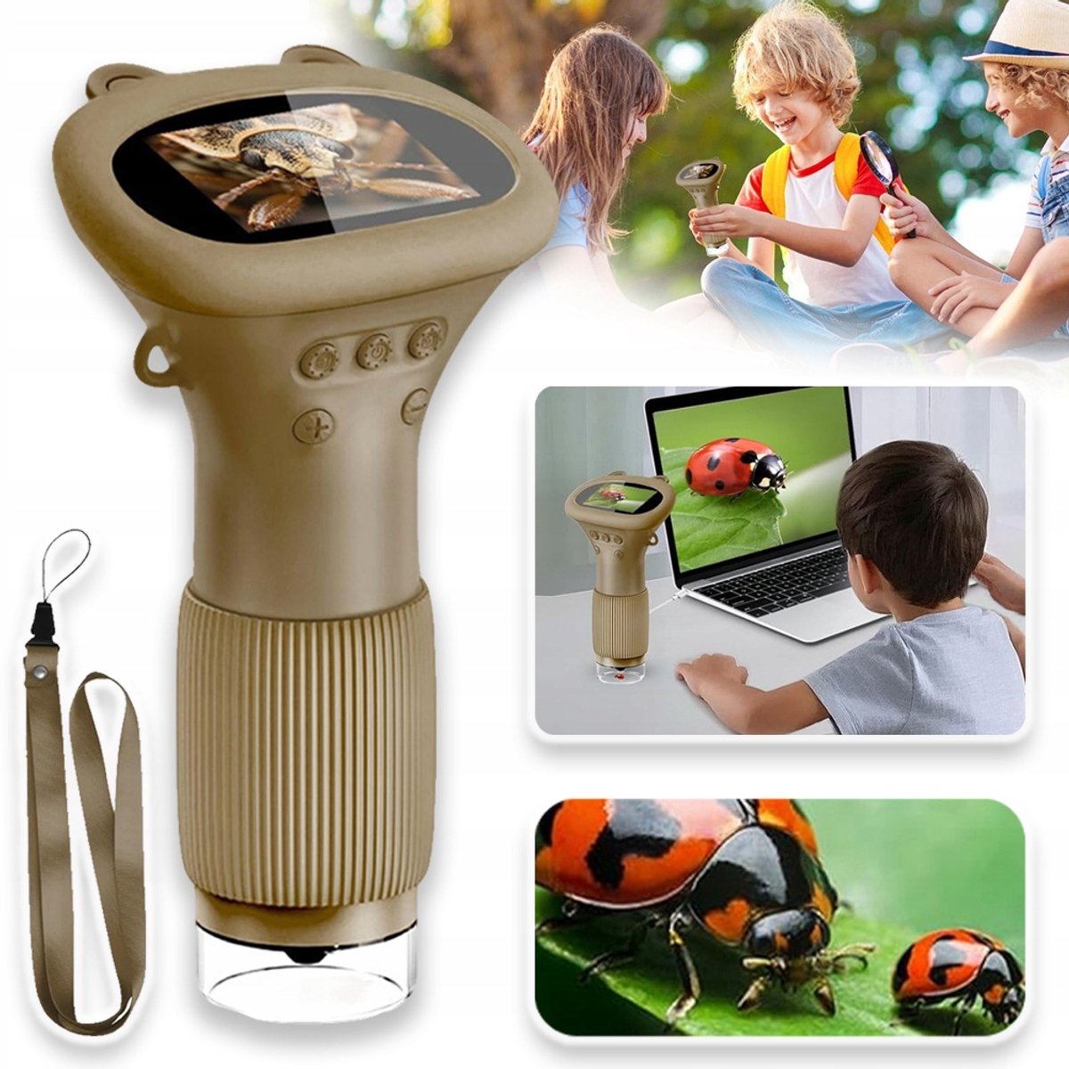Digitale Kinder Microscoop Met 1000x Vergroting – 2 Inch HD-Scherm En 8 LED's – USB Oplaadbaar Met Geheugen Voor 400 Foto's – Educatief Speelgoed Voor 3-12 Jaar – Bruin