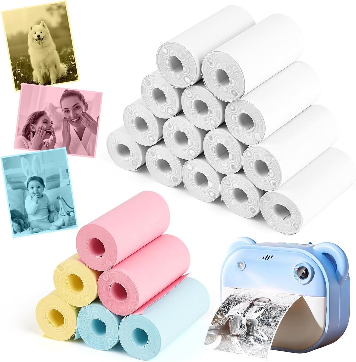Thermisch printerpapier set 20 rollen - 14 witte en 6 gekleurde rollen - 57 x 25 mm - ideaal voor foto's en notities - ShopVlot