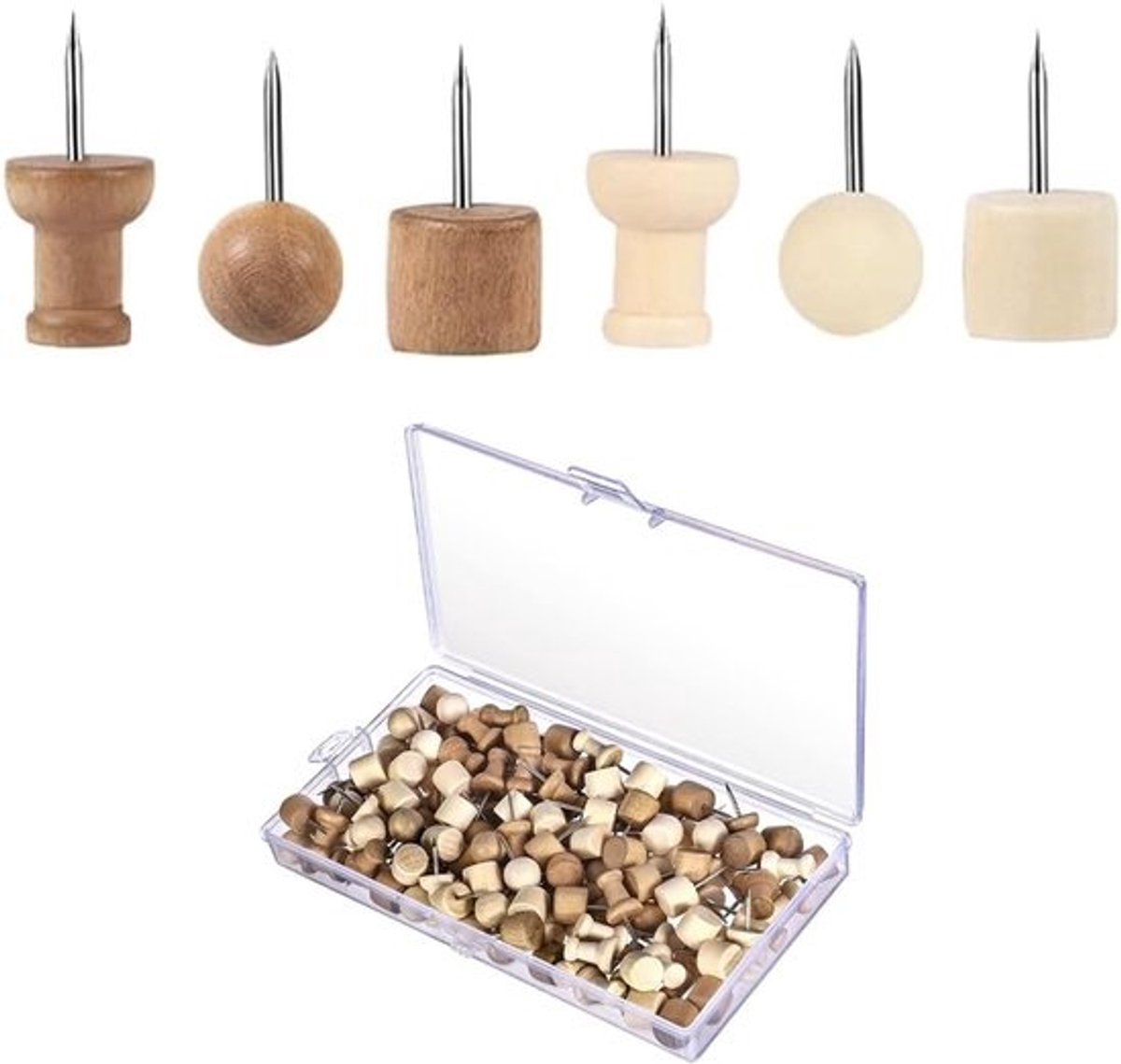 150 houten prikspelden met ronde kop - 6 stijlen - voor prikborden en knutselen