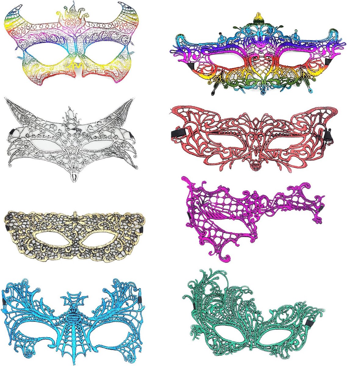 SnelShoppen - 8 Stuks Kleurrijke Kanten Maskers voor Dames - Sexy Kostuumaccessoires voor Avondbal, Halloween, Carnaval - 8 Kleuren, Kant, Diverse Mat