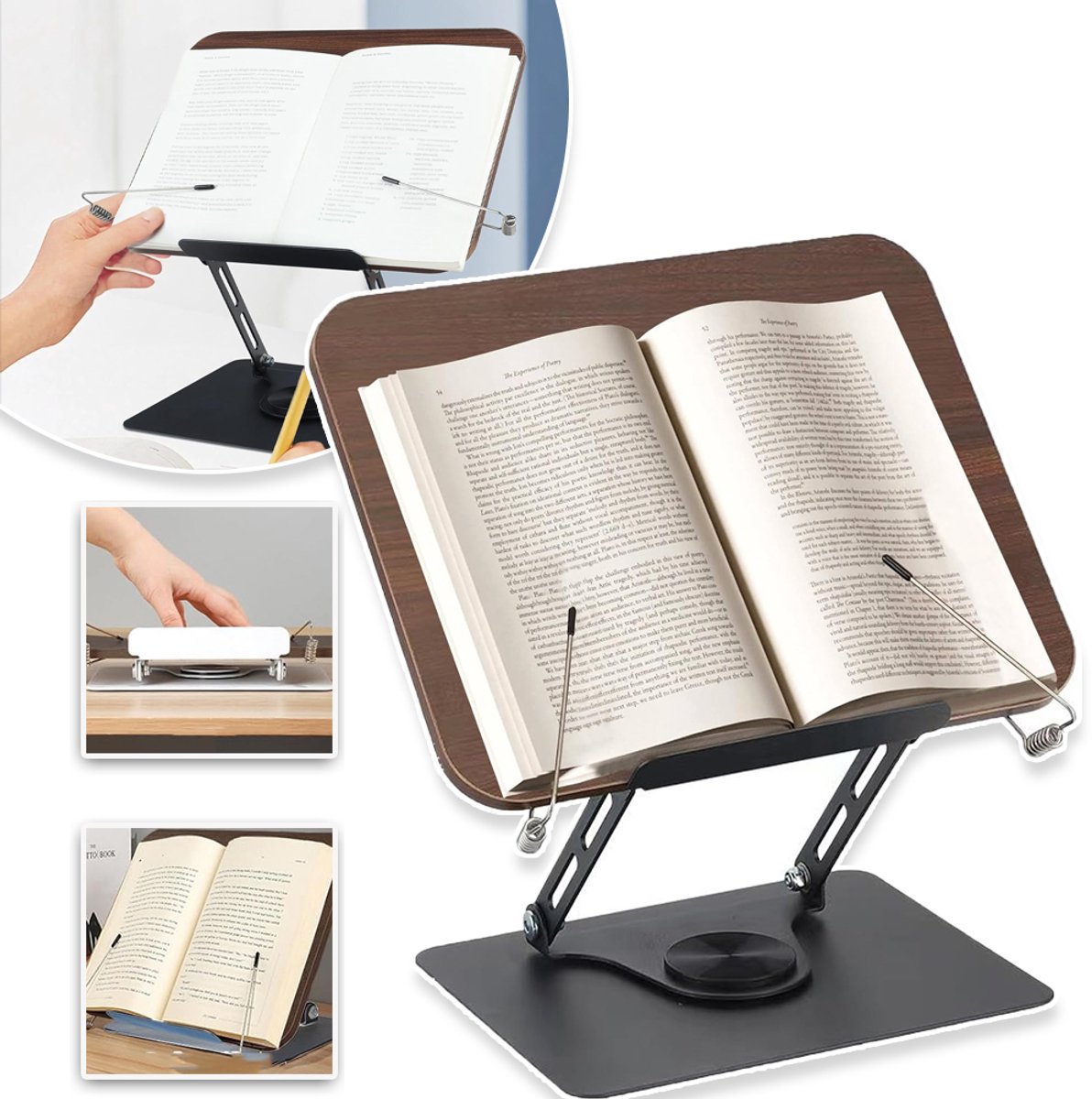 360° Draaibare Boekenstandaard Van Walnoothout – Metalen Klemmen En Opvouwbaar Ontwerp – Stevig En Draagbaar – Voor Schoolboeken, Kookboeken En Laptops