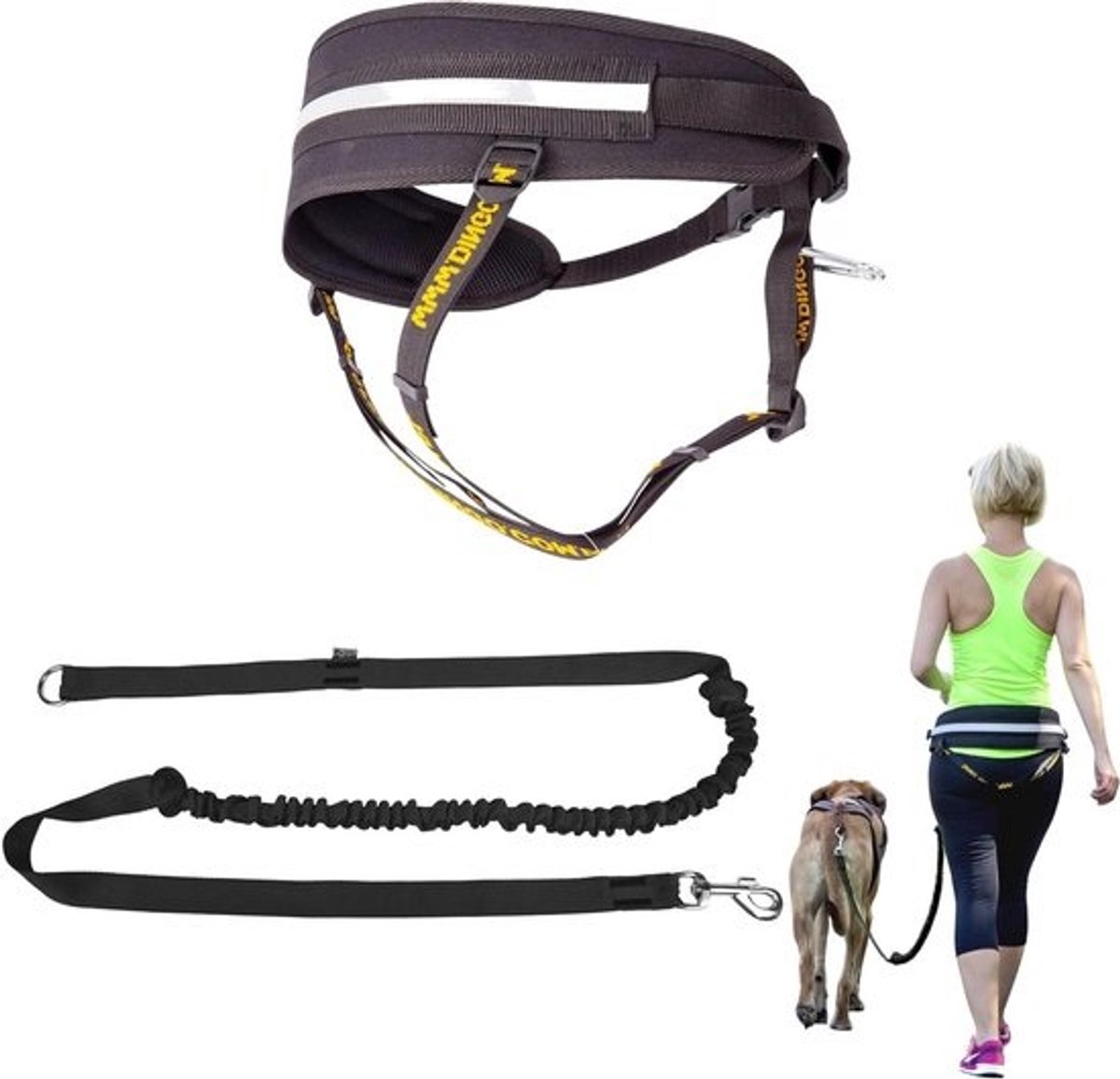 Multifunctionele loopriem - Hondenriem met handvat - Voor sporten met de hond - Met schokdemper - 25 x 170 cm - Zwart