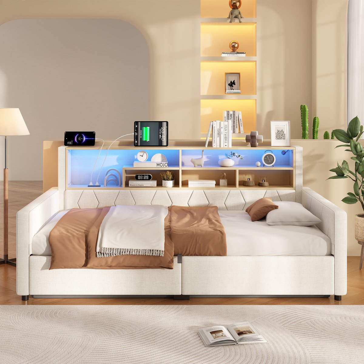 Merax Slaapbank 90 x 200 cm - met opbergruimte - stopcontact en USB-poort - met LED-verlichting - zonder matras - beige