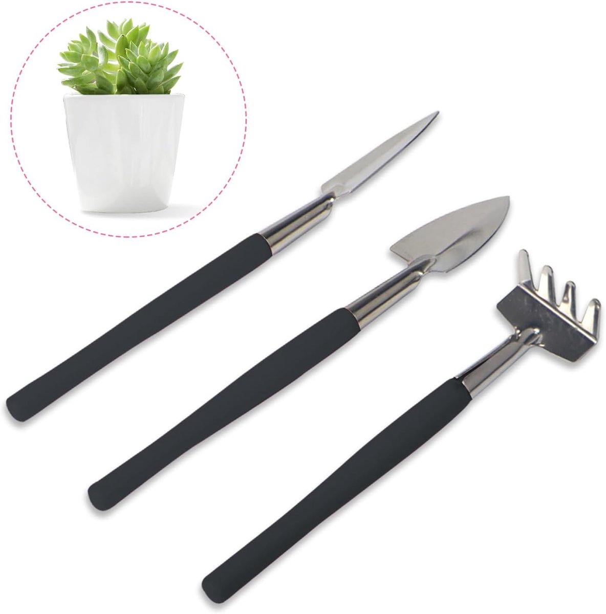 SnelShoppen - 3-delige mini-tuingereedschapsset voor vetplanten, potplanten en bloemen - Roestvrij staal, schep, hark en spade - Compact zwart ontwerp