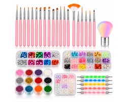 Mamosta® Nail Art XXL Kit - 100 Stuks - Nagel Penselen & Dotting Tools - Nagelstickers - Glitters, Microbeads & Schelpvlokken - Nagelsetje DIY - Bedazzling Strass Applicator - Bedazzle Rhinestones Diamantjes