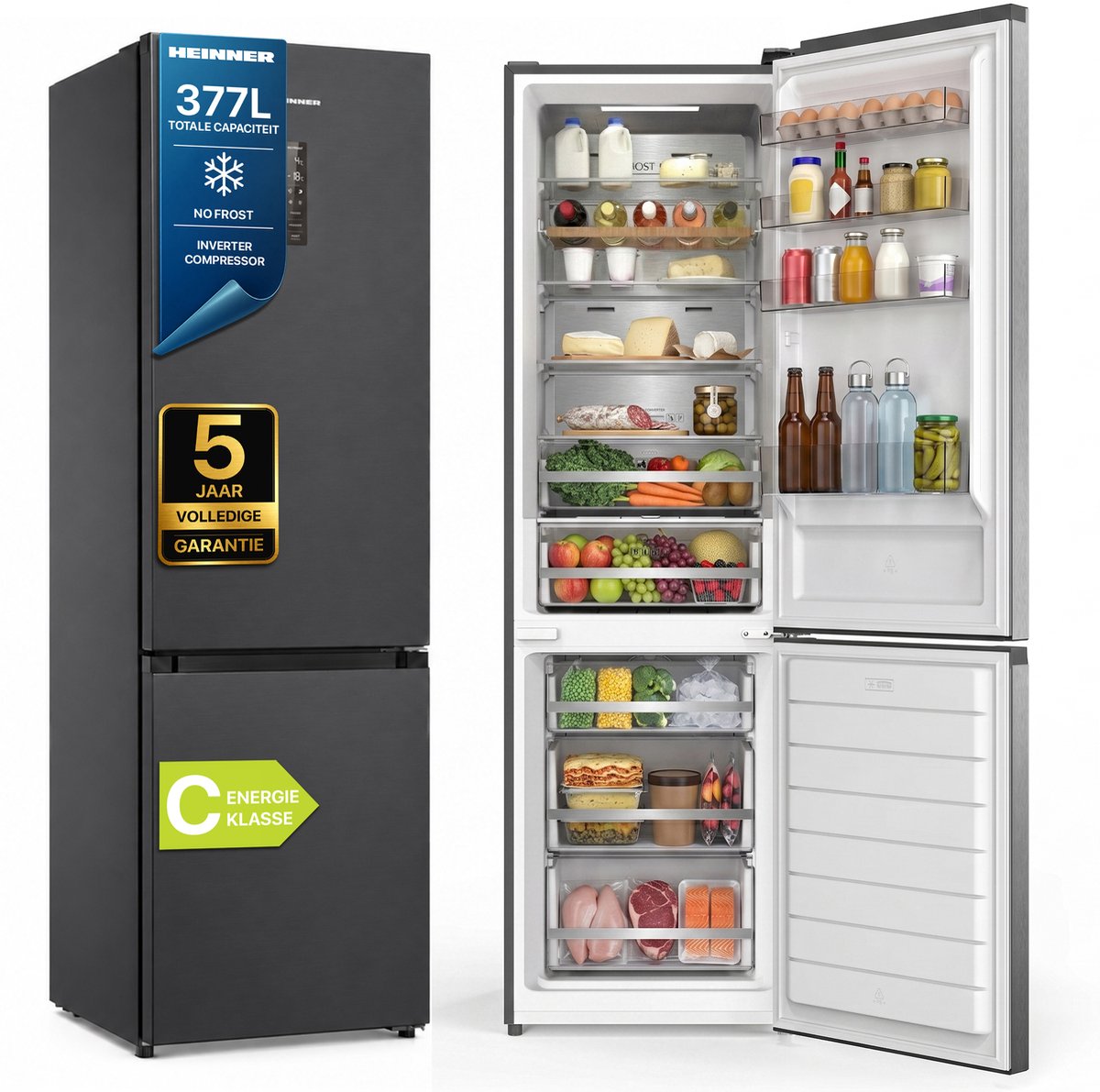 Heinner HCNF-HM377INVDGHC Koel-vriescombinatie 377 L – No Frost – Inverter – Touch Display – InoxCool Technologie – Houten Wijnrek – Vingerafdrukbestendige Afwerking – Donkergrijs – 5 Jaar Garantie