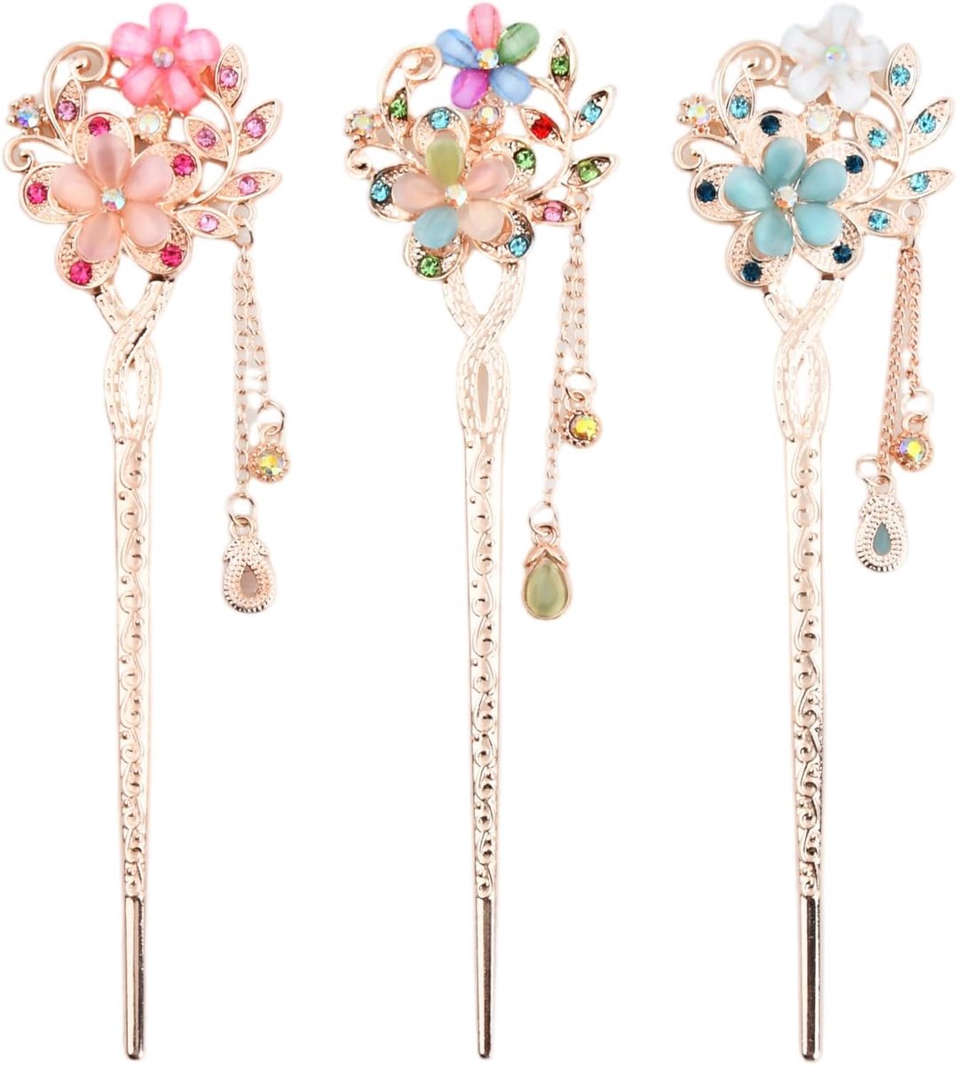Haarstokjes set - 3 stuks Chinese haarspelden met opaal bloem en kwasten voor elegante opgestoken kapsels, voor vrouwen meisjes