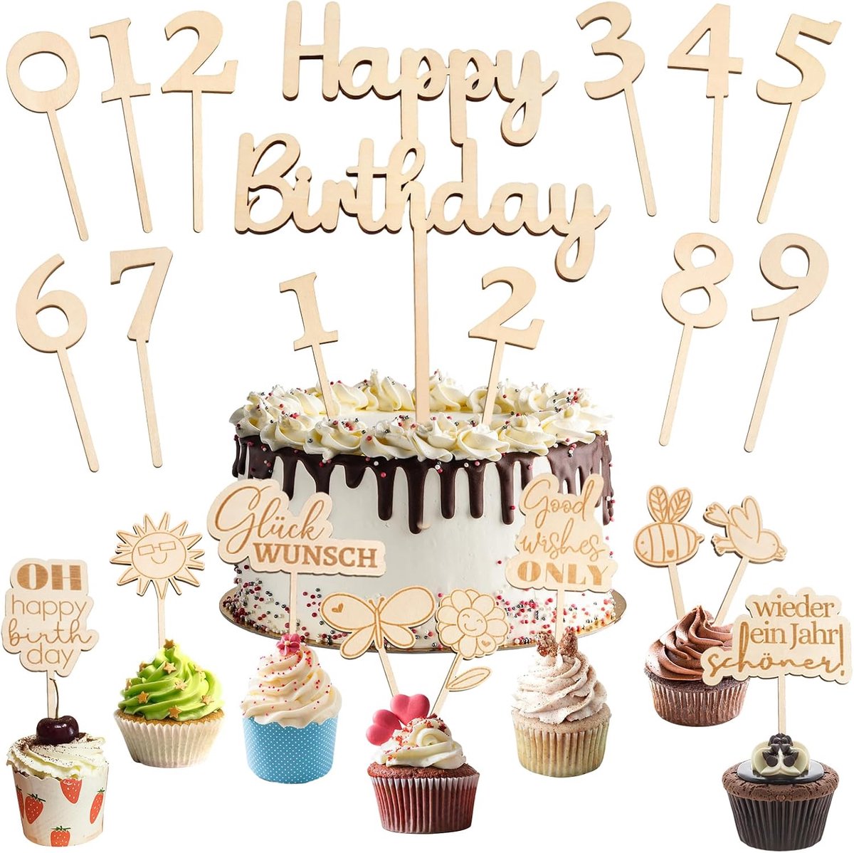 20 stuks taarttopper cijfers hout 0-9, Happy Birthday taartdecoratie met taartdecoratie cupcake taartdecoratie taarttopper verjaardag voor meisjes jongens