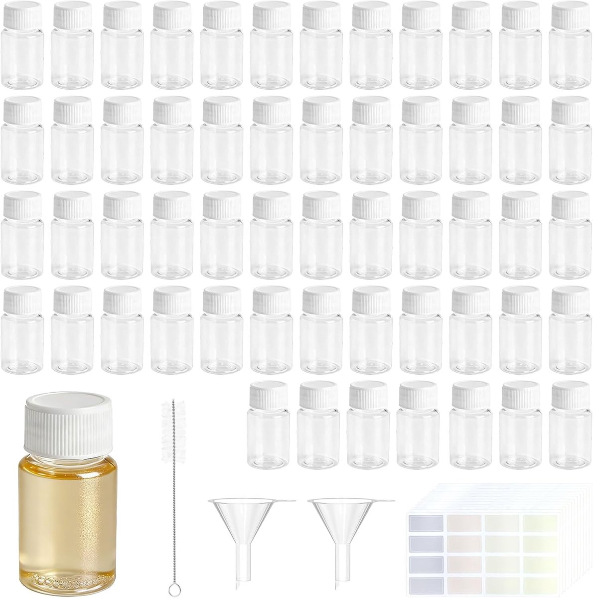 Set van 55 plastic flessen, 20 ml, transparant, met blad-etiketten, herbruikbare flessen met schroefsluiting, ideaal voor cosmetica, parfum en reizen