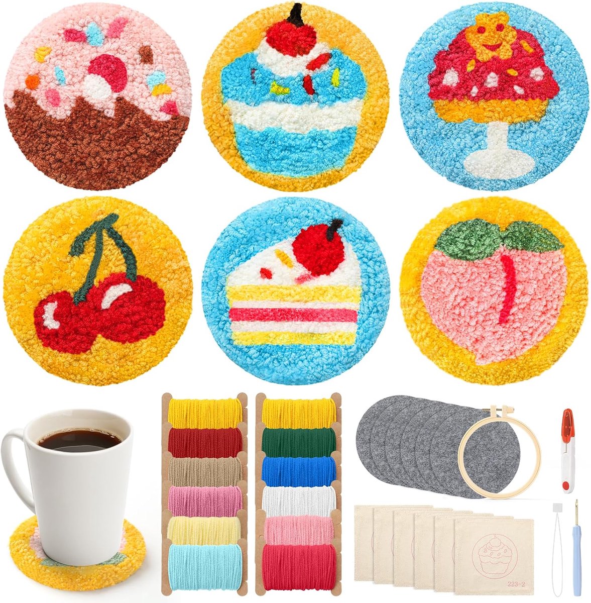 Punch Needle Coasters Kit for Beginners, 6PCS DIY Embroidery Set with Patterns, Yarn, Tools & Hoop, Needle Felting Kit, Craft Supplies, Creative Gift (Gourmet Set Pattern)