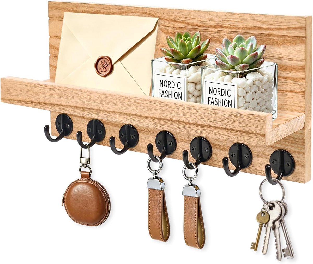 Sleutelhouder voor aan de muur, met 7 haken, decoratief sleutelkastje voor woonkamer, badkamer, keuken, entree, hal (houtkleur)